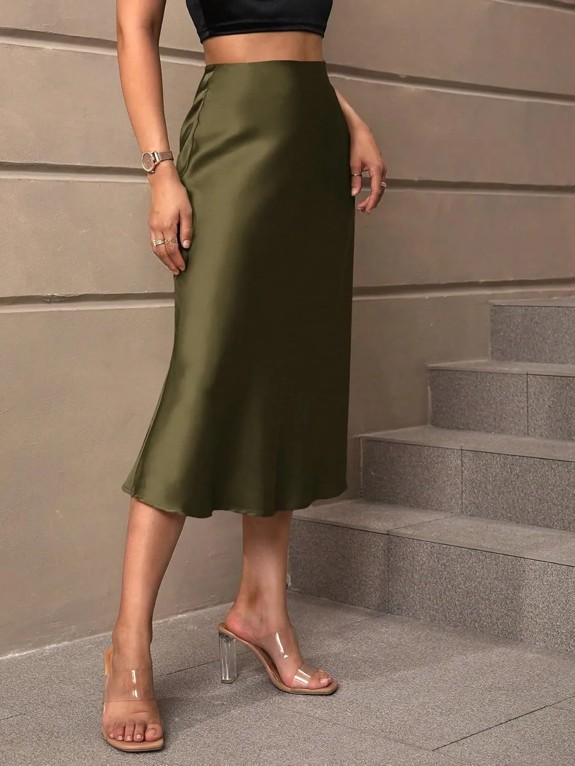 Women's Elegant Satin Midi Skirt - High-Waisted, Stretchy, and Versatile for Every Occasion
