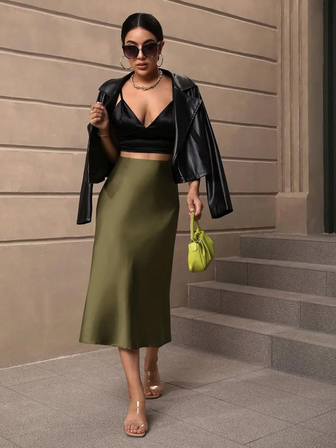 Women's Elegant Satin Midi Skirt - High-Waisted, Stretchy, and Versatile for Every Occasion