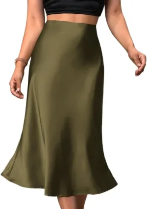Women's Elegant Satin Midi Skirt - High-Waisted, Stretchy, and Versatile for Every Occasion