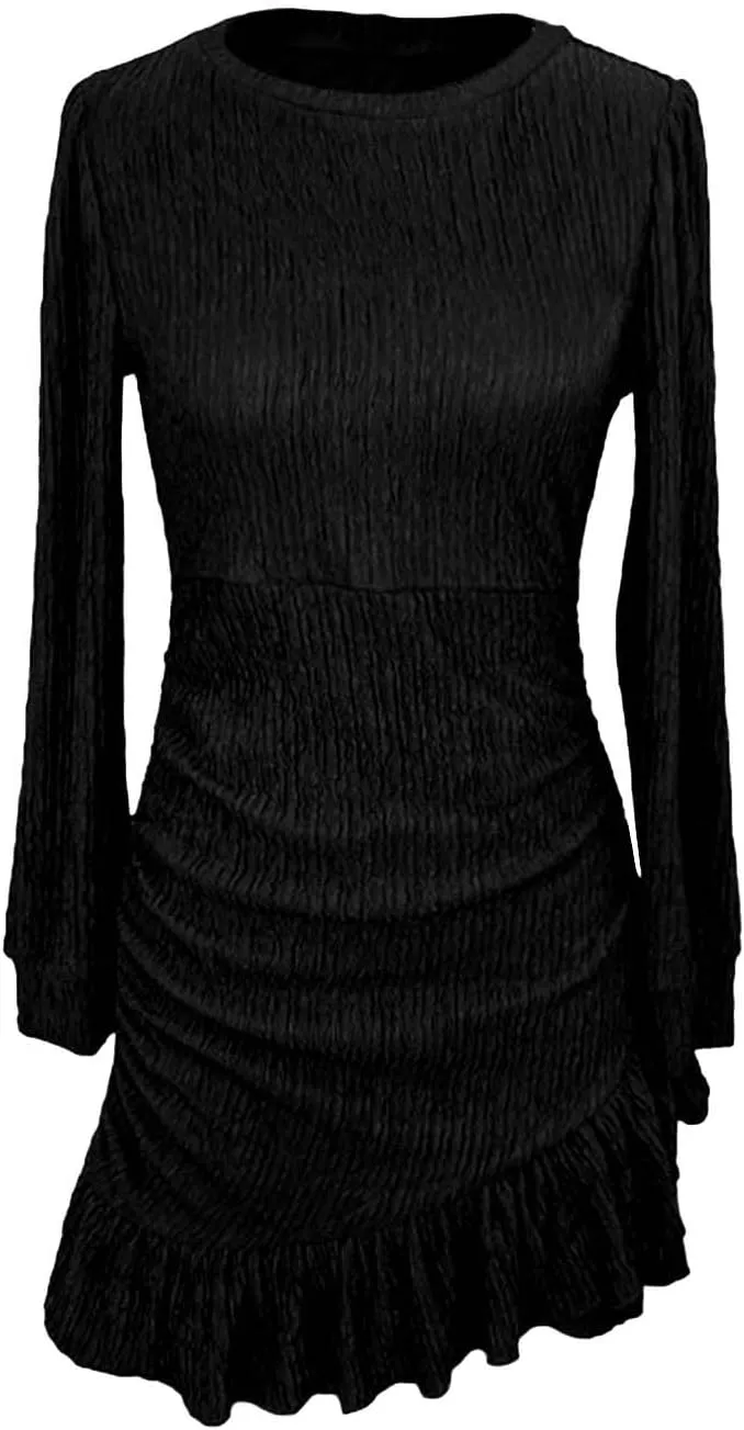 Women's Fall Ruched Bodycon Mini Dress Long Puff Sleeve Ruffle Fitted Cocktail Dresses