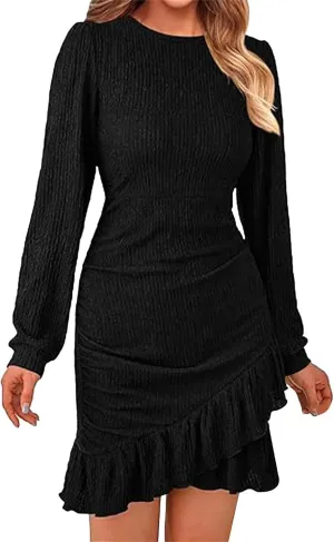 Women's Fall Ruched Bodycon Mini Dress Long Puff Sleeve Ruffle Fitted Cocktail Dresses