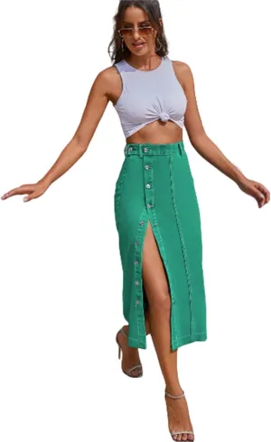 Womens Front Slit Jean Skirt, Summer Button Up High Waisted Sexy Edging Irregular Slit Pencil Versatile A-Line Skirt