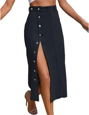 Womens Front Slit Jean Skirt, Summer Button Up High Waisted Sexy Edging Irregular Slit Pencil Versatile A-Line Skirt