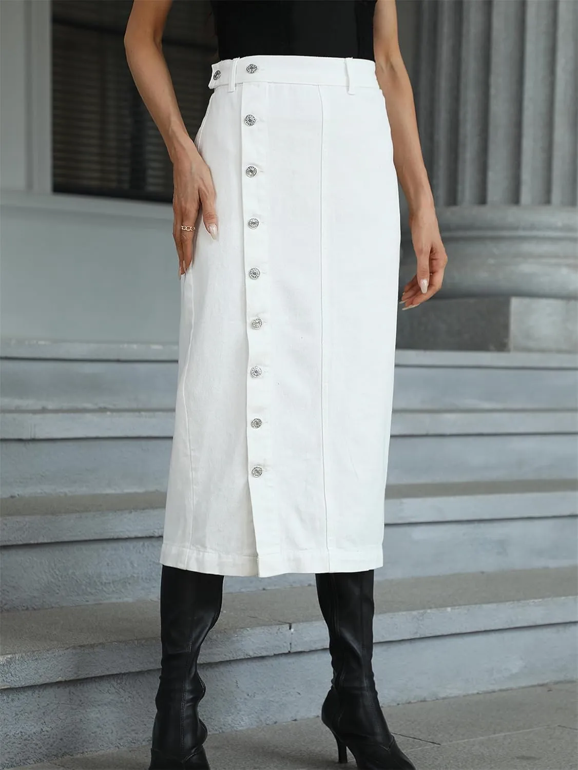 Womens Front Slit Jean Skirt, Summer Button Up High Waisted Sexy Edging Irregular Slit Pencil Versatile A-Line Skirt
