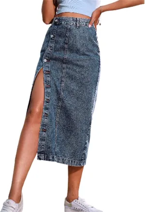 Womens Front Slit Jean Skirt, Summer Button Up High Waisted Sexy Edging Irregular Slit Pencil Versatile A-Line Skirt