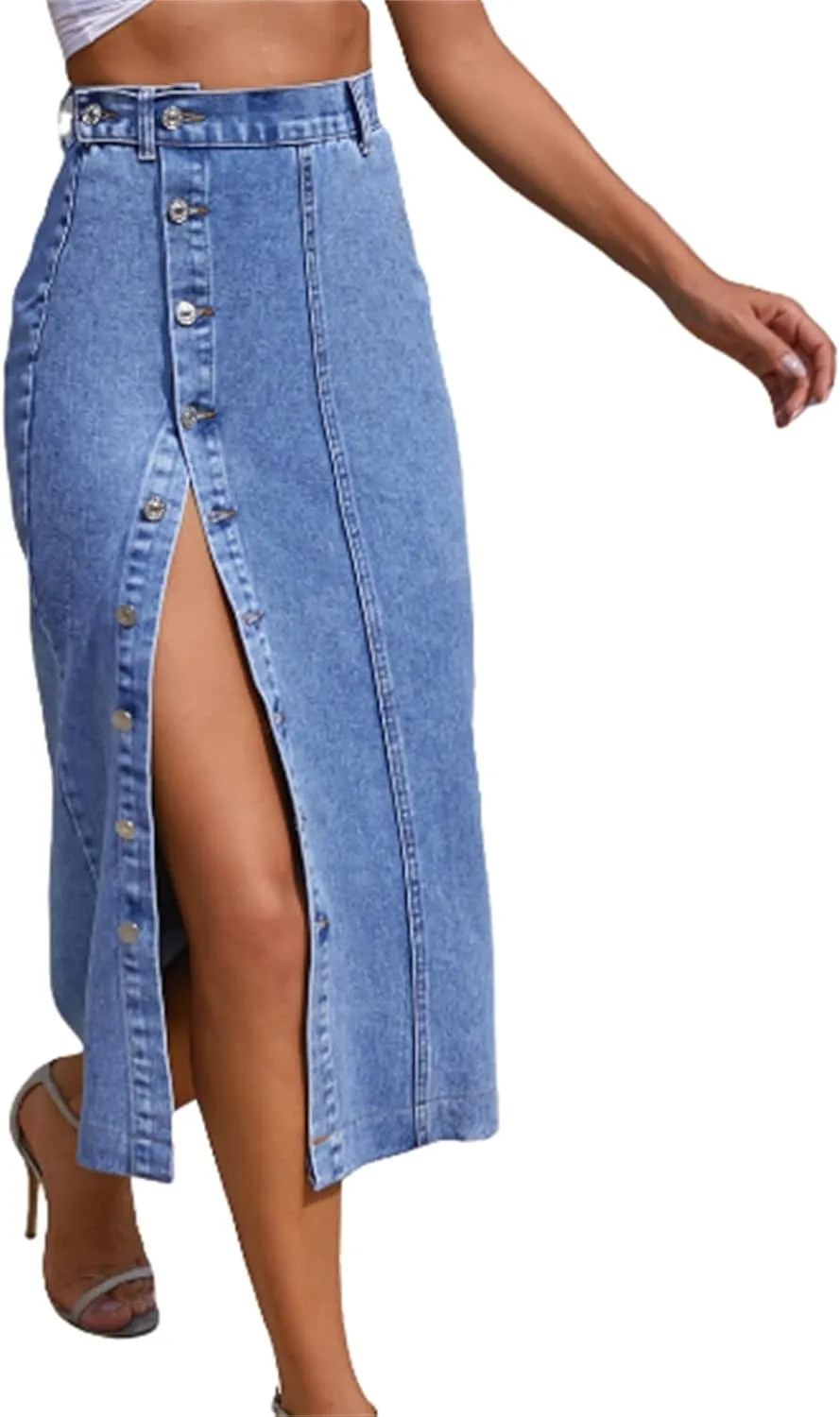 Womens Front Slit Jean Skirt, Summer Button Up High Waisted Sexy Edging Irregular Slit Pencil Versatile A-Line Skirt