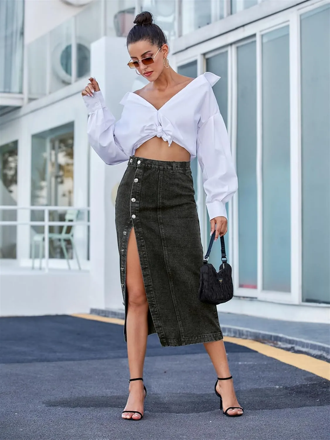 Womens Front Slit Jean Skirt, Summer Button Up High Waisted Sexy Edging Irregular Slit Pencil Versatile A-Line Skirt
