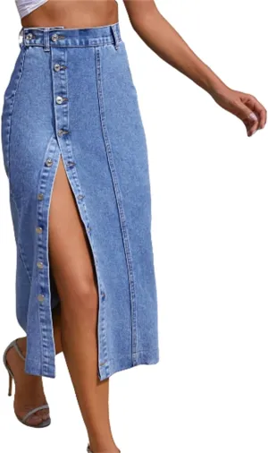 Womens Front Slit Jean Skirt, Summer Button Up High Waisted Sexy Edging Irregular Slit Pencil Versatile A-Line Skirt