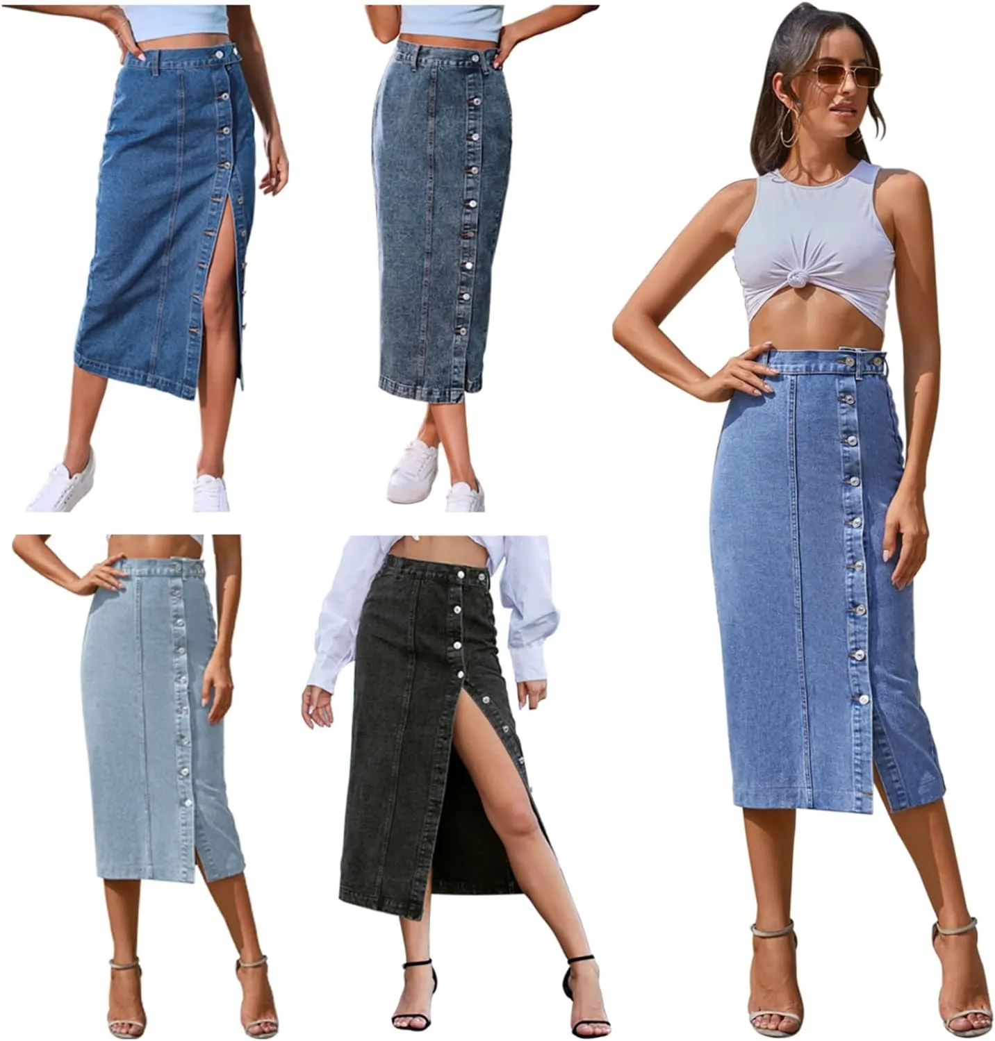 Womens Front Slit Jean Skirt, Summer Button Up High Waisted Sexy Edging Irregular Slit Pencil Versatile A-Line Skirt