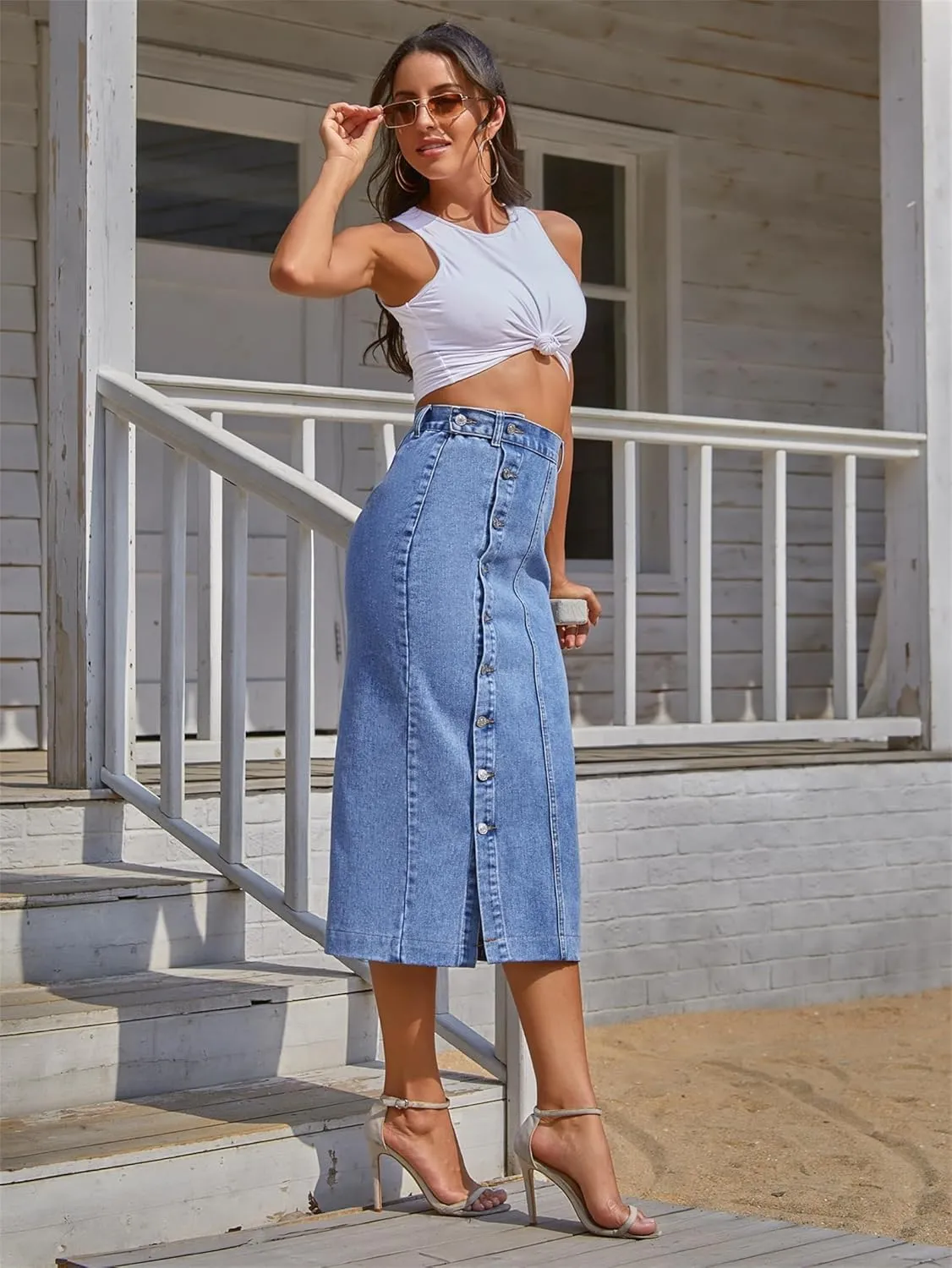 Womens Front Slit Jean Skirt, Summer Button Up High Waisted Sexy Edging Irregular Slit Pencil Versatile A-Line Skirt
