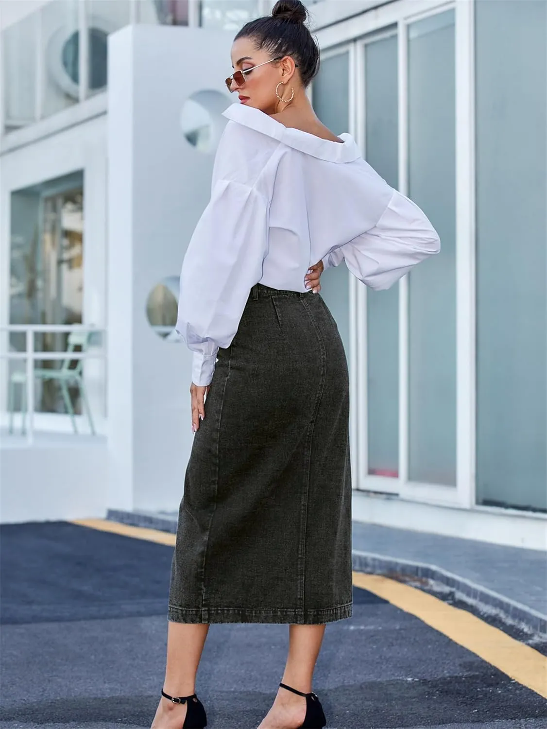 Womens Front Slit Jean Skirt, Summer Button Up High Waisted Sexy Edging Irregular Slit Pencil Versatile A-Line Skirt