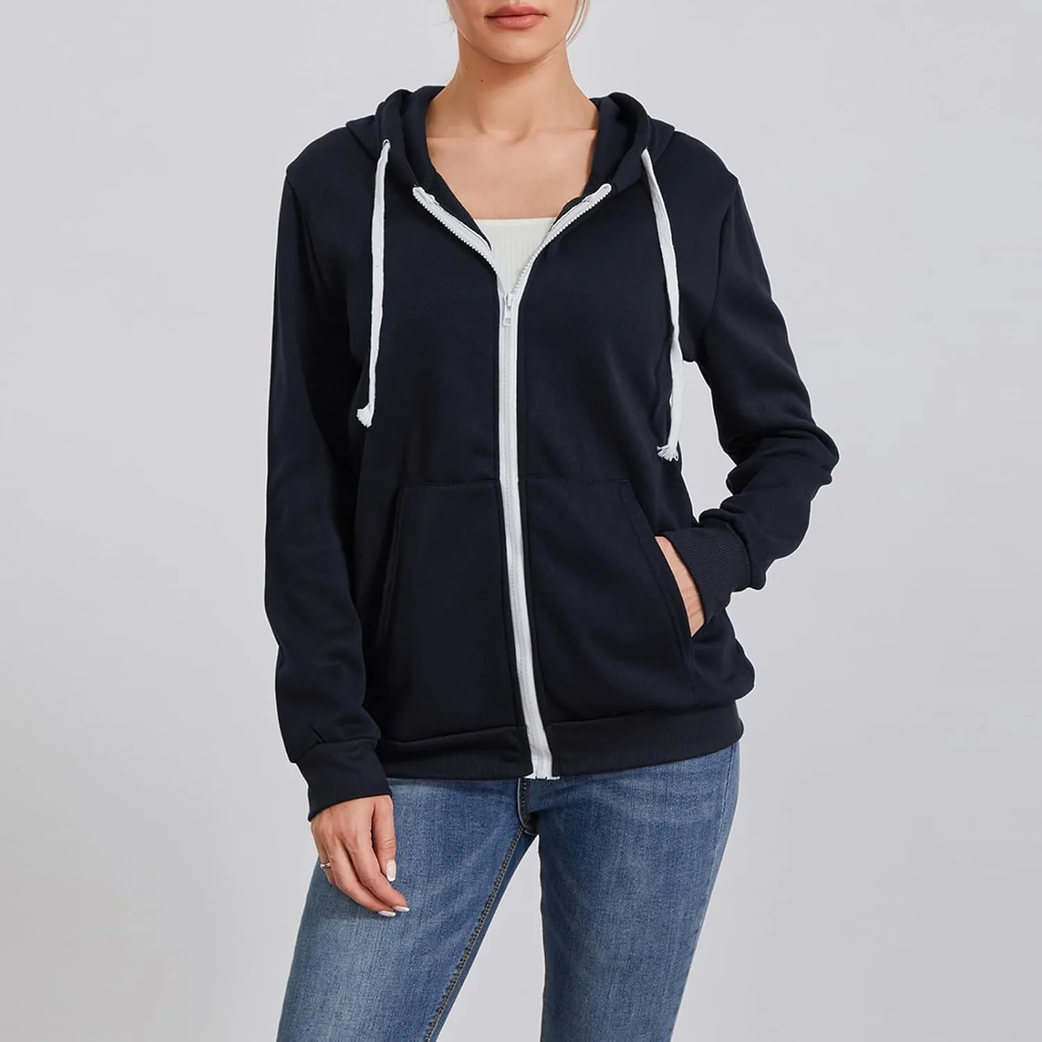 Women's Full Zip Hoodies Sweatshirt Oversized Long Sleeve Drawstring Collar Coat Classic Solid Jackets Casual Top