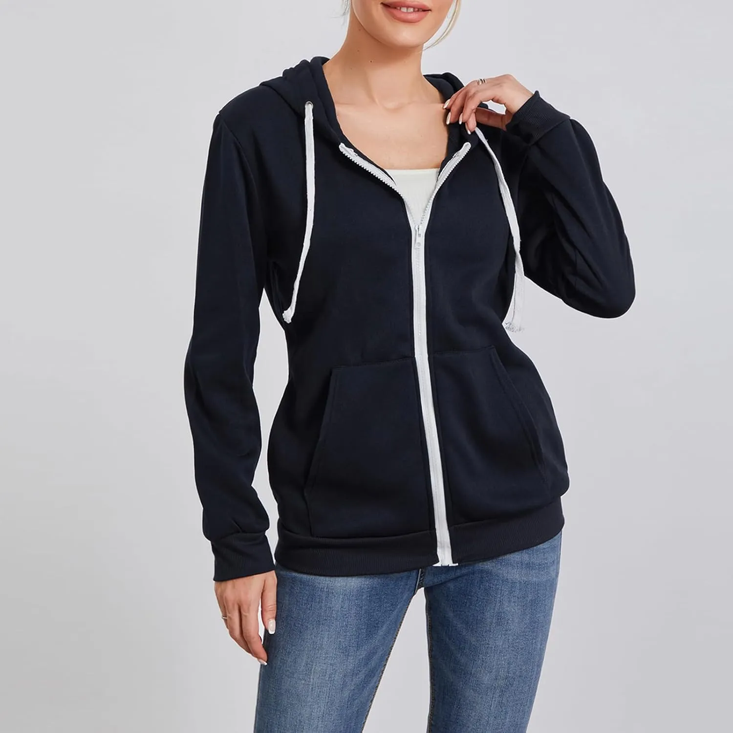 Women's Full Zip Hoodies Sweatshirt Oversized Long Sleeve Drawstring Collar Coat Classic Solid Jackets Casual Top