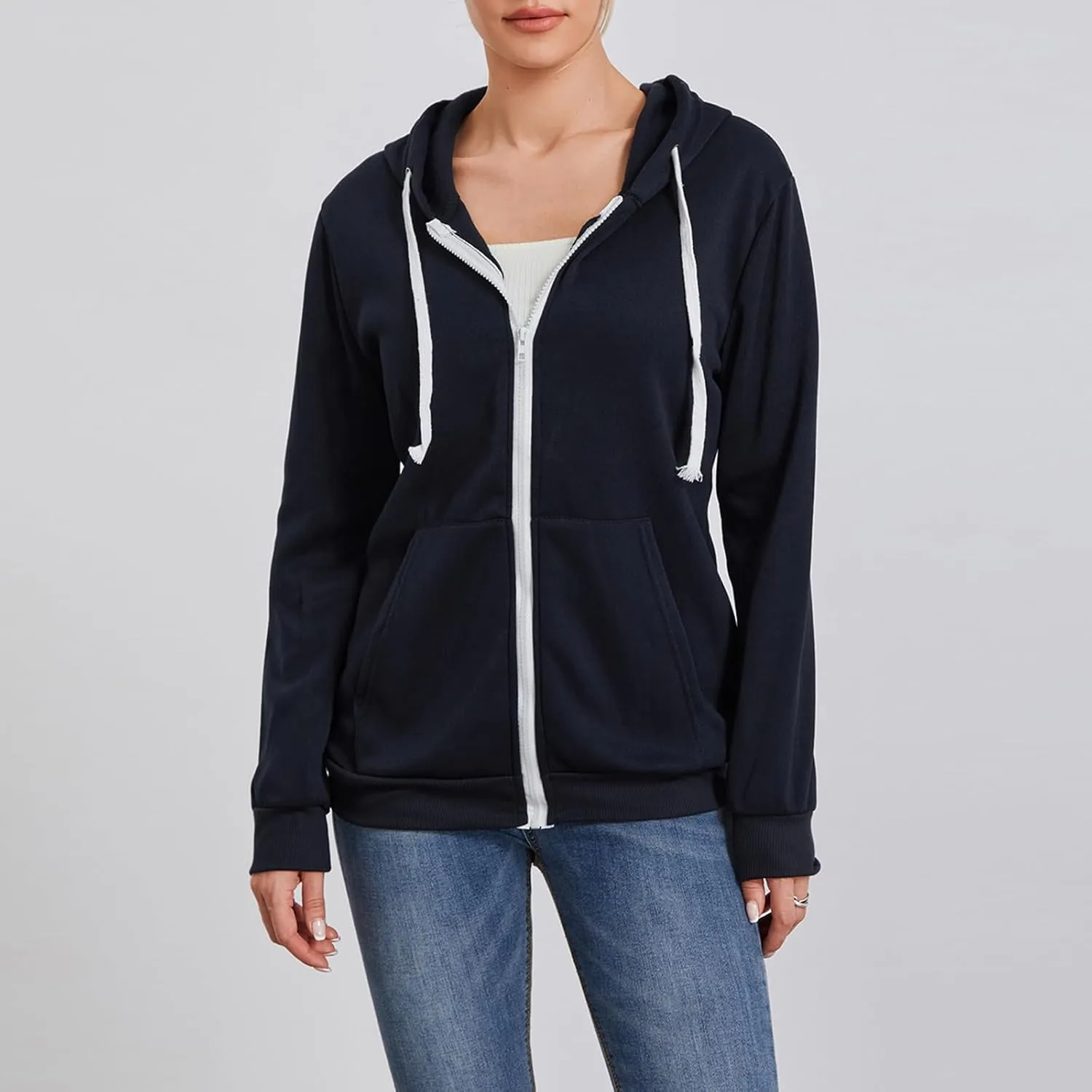 Women's Full Zip Hoodies Sweatshirt Oversized Long Sleeve Drawstring Collar Coat Classic Solid Jackets Casual Top