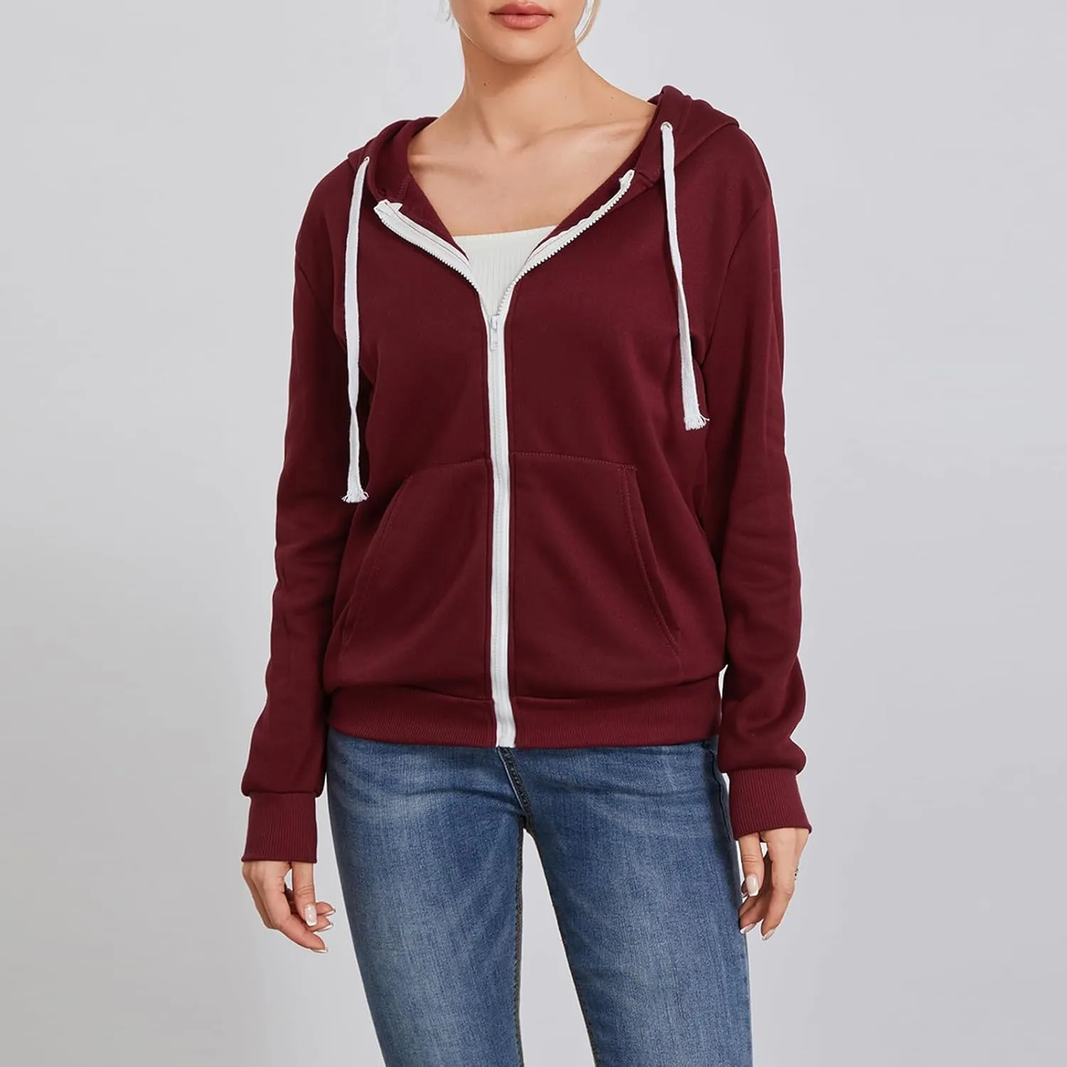 Women's Full Zip Hoodies Sweatshirt Oversized Long Sleeve Drawstring Collar Coat Classic Solid Jackets Casual Top