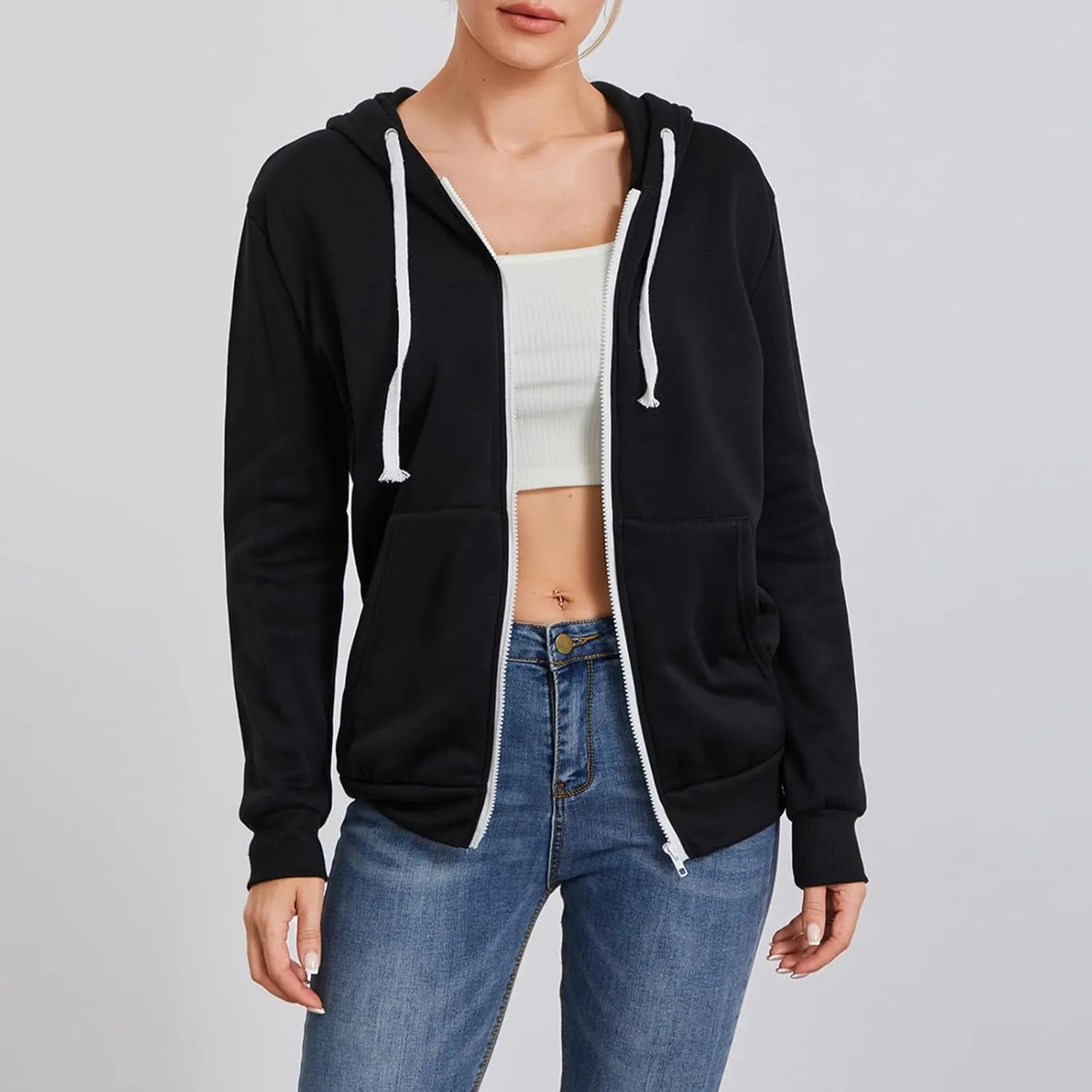 Women's Full Zip Hoodies Sweatshirt Oversized Long Sleeve Drawstring Collar Coat Classic Solid Jackets Casual Top