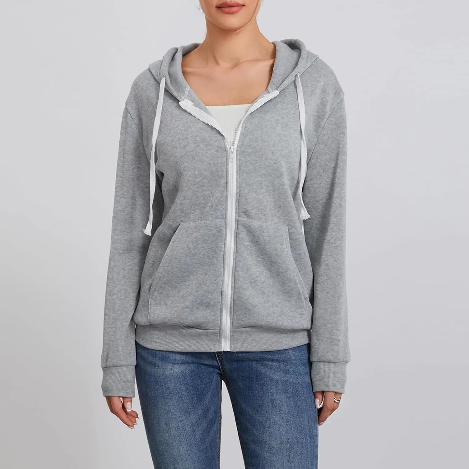 Women's Full Zip Hoodies Sweatshirt Oversized Long Sleeve Drawstring Collar Coat Classic Solid Jackets Casual Top