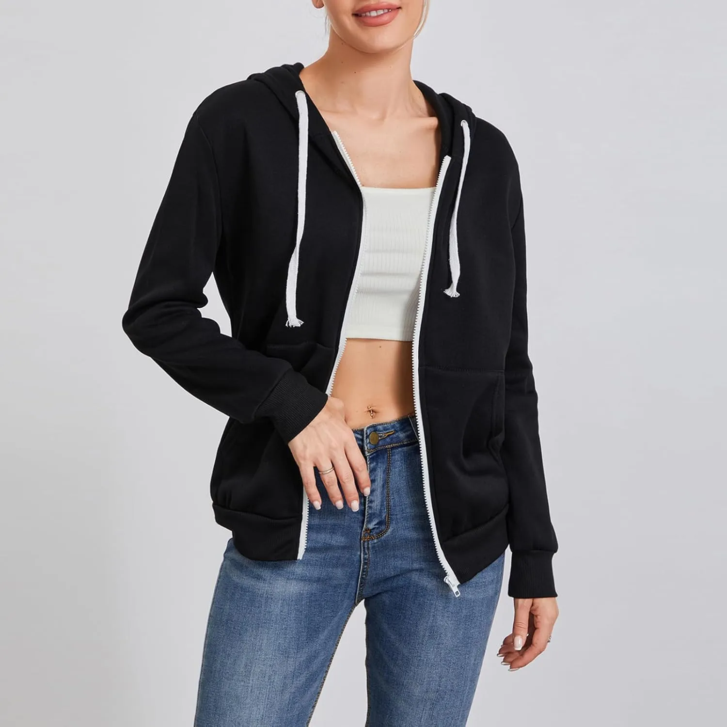 Women's Full Zip Hoodies Sweatshirt Oversized Long Sleeve Drawstring Collar Coat Classic Solid Jackets Casual Top