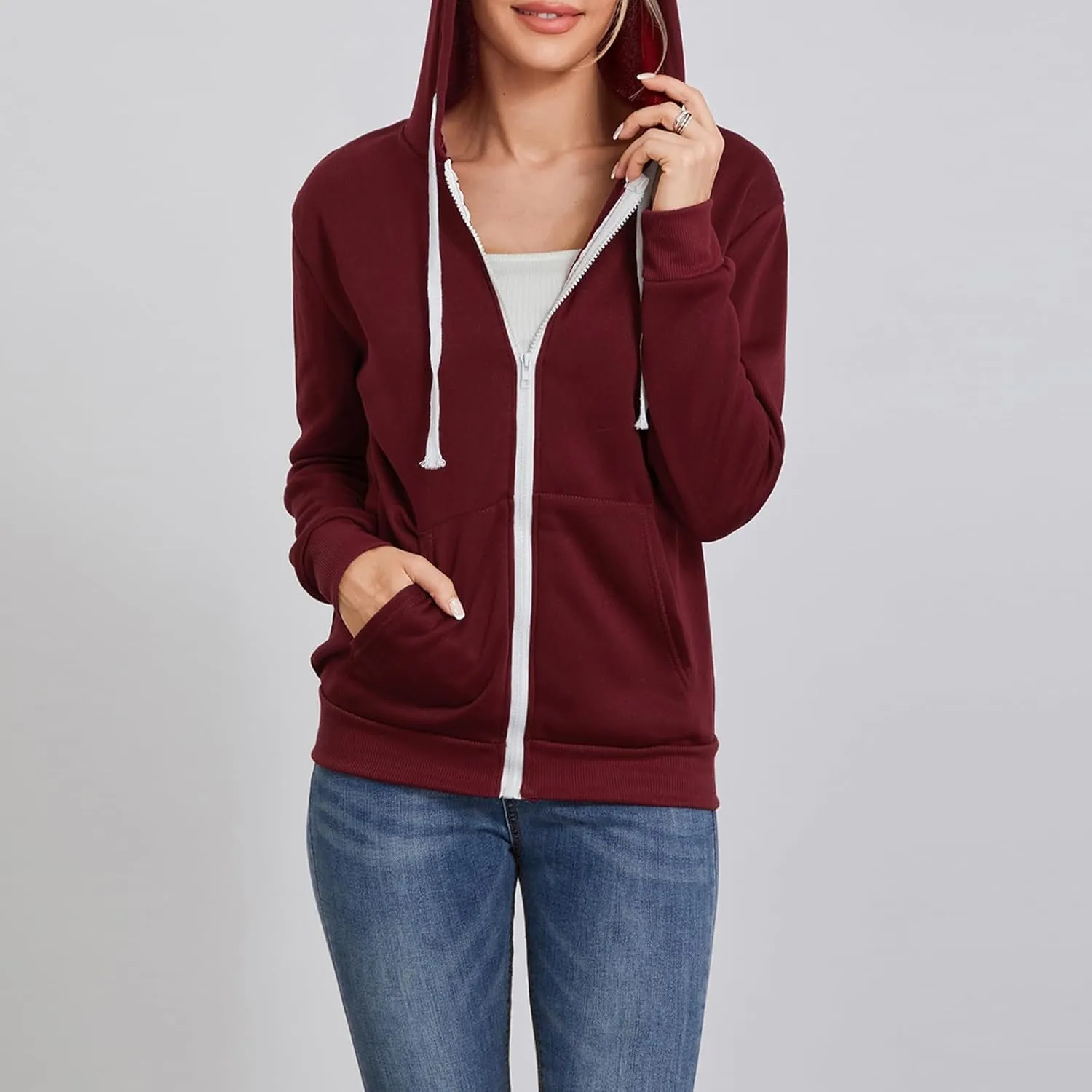 Women's Full Zip Hoodies Sweatshirt Oversized Long Sleeve Drawstring Collar Coat Classic Solid Jackets Casual Top