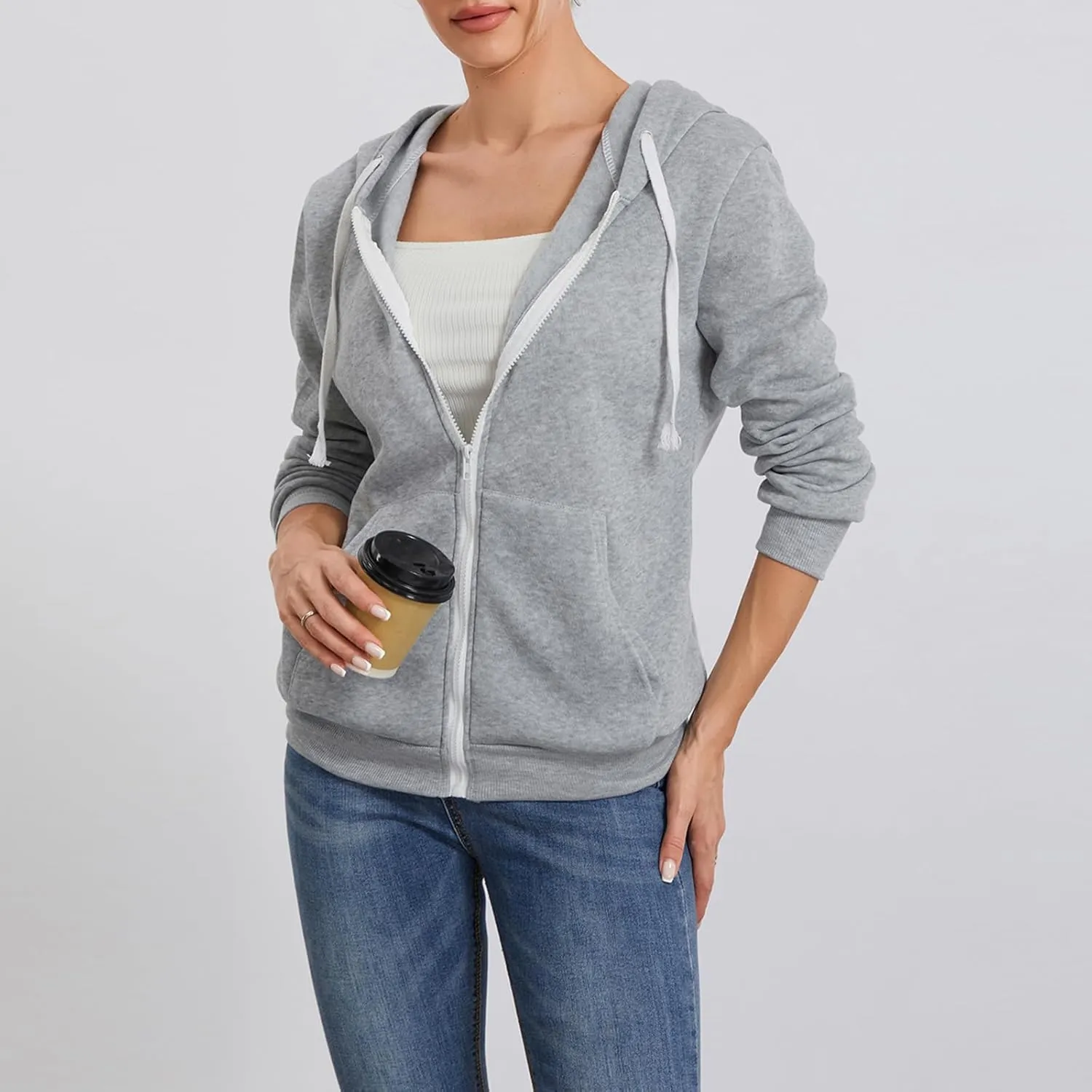 Women's Full Zip Hoodies Sweatshirt Oversized Long Sleeve Drawstring Collar Coat Classic Solid Jackets Casual Top
