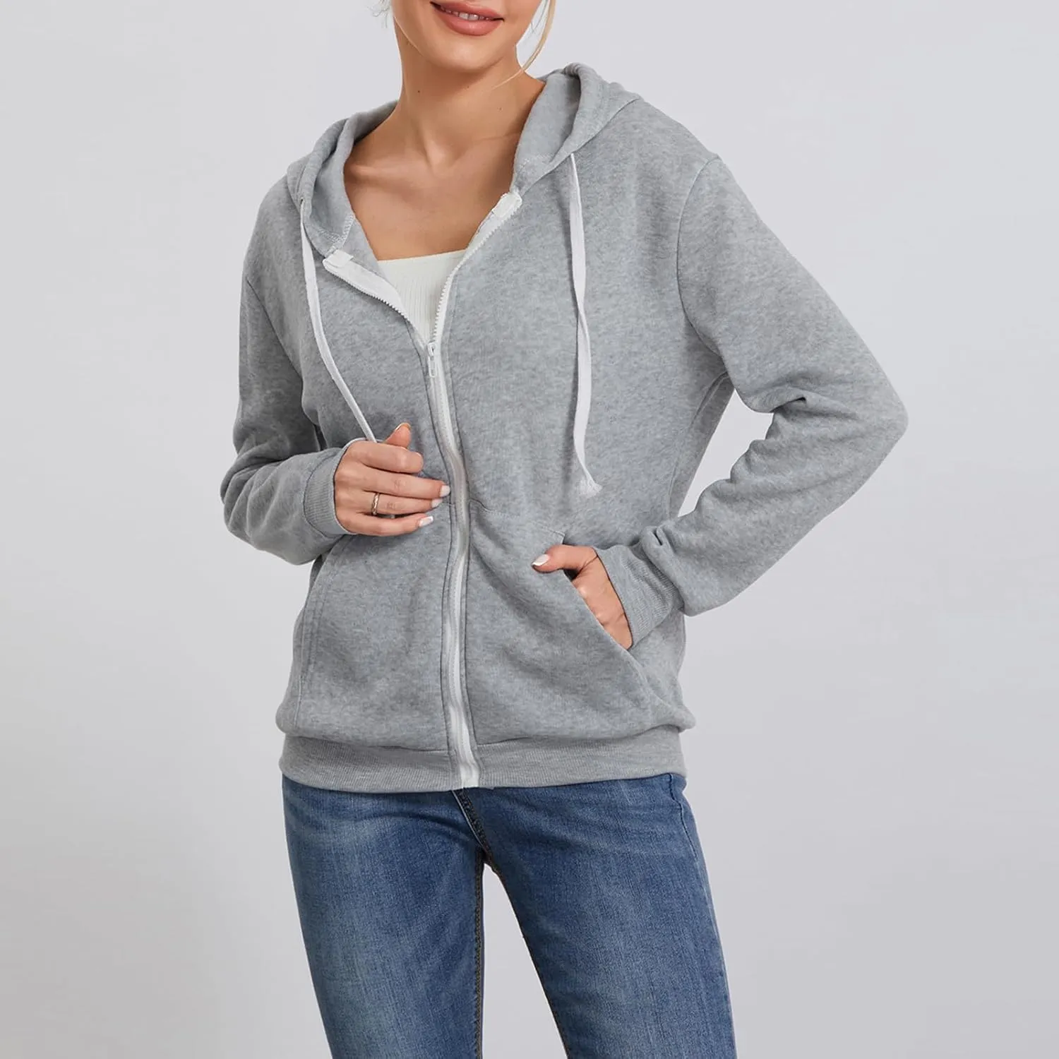 Women's Full Zip Hoodies Sweatshirt Oversized Long Sleeve Drawstring Collar Coat Classic Solid Jackets Casual Top