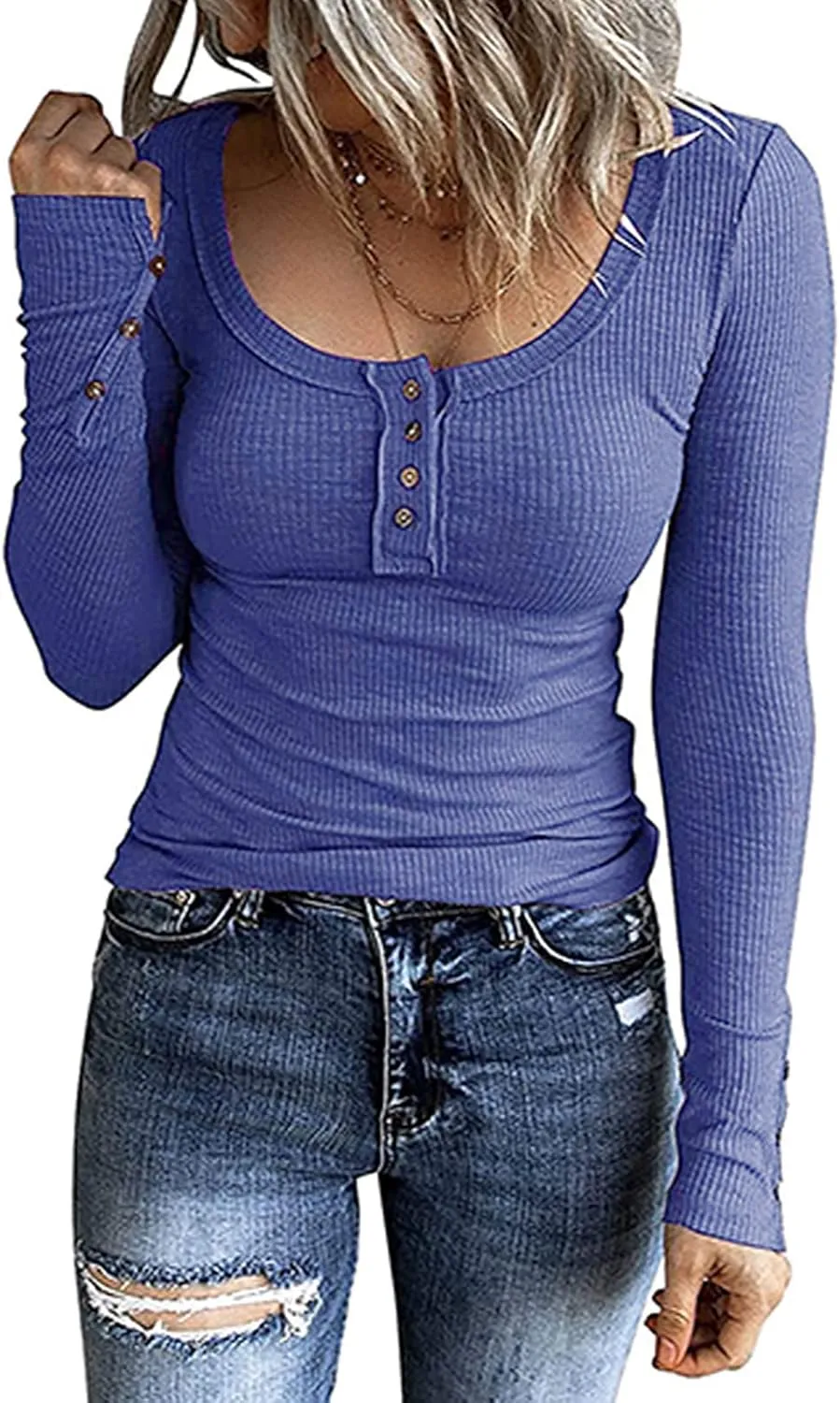 Womens Henley Shirts Long Sleeve Button Down Tunic Tops Scoop Neck Ribbed Knit Slim Fitted Casual Dressy Blouses Cute Tee