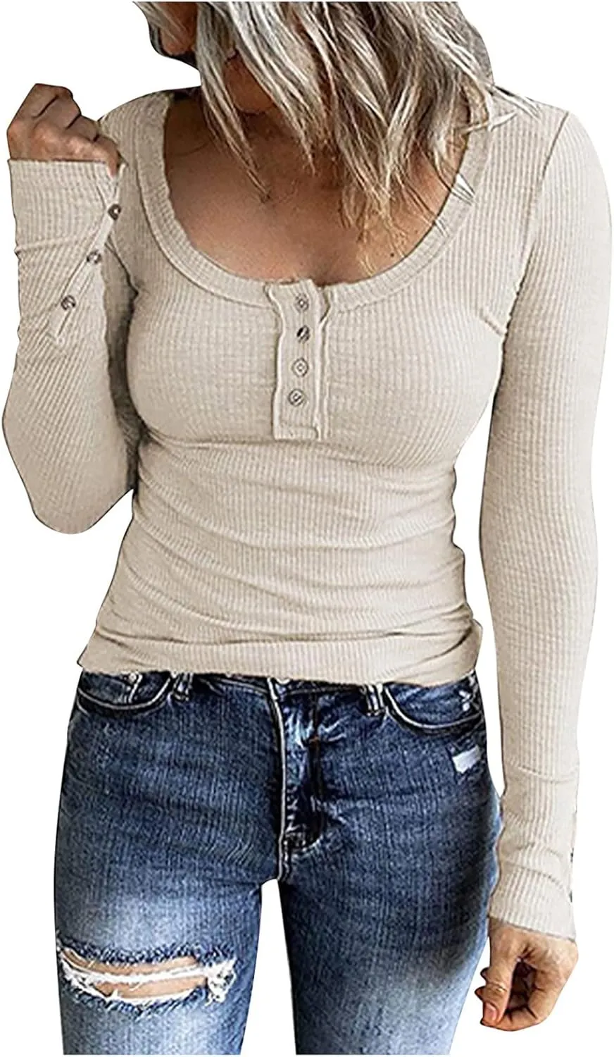 Womens Henley Shirts Long Sleeve Button Down Tunic Tops Scoop Neck Ribbed Knit Slim Fitted Casual Dressy Blouses Cute Tee
