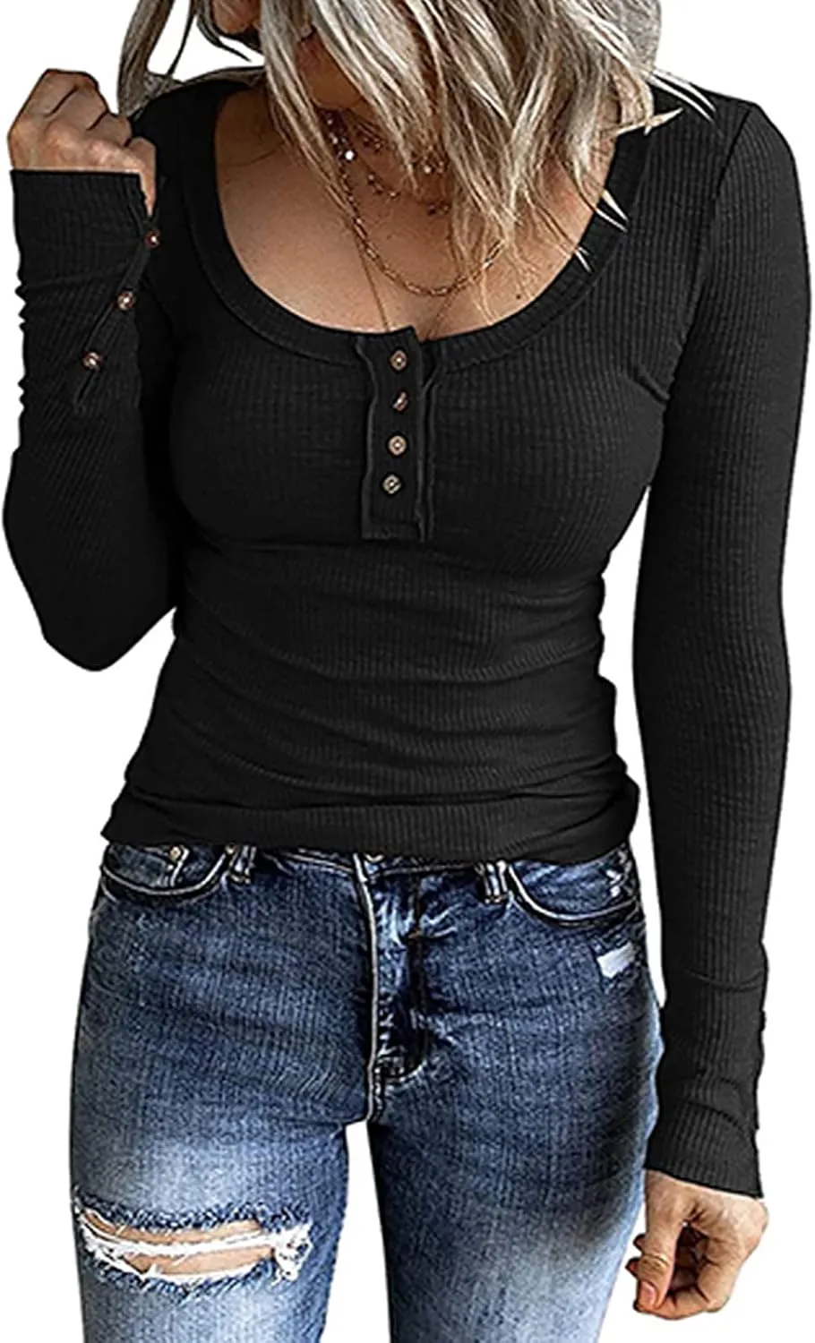 Womens Henley Shirts Long Sleeve Button Down Tunic Tops Scoop Neck Ribbed Knit Slim Fitted Casual Dressy Blouses Cute Tee