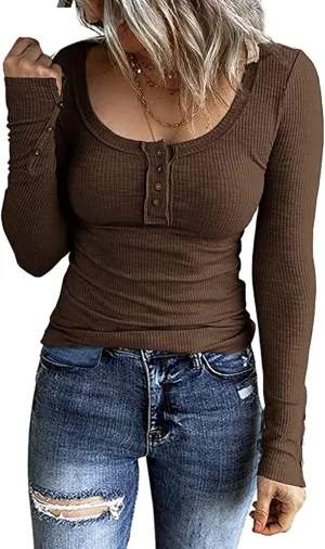 Womens Henley Shirts Long Sleeve Button Down Tunic Tops Scoop Neck Ribbed Knit Slim Fitted Casual Dressy Blouses Cute Tee