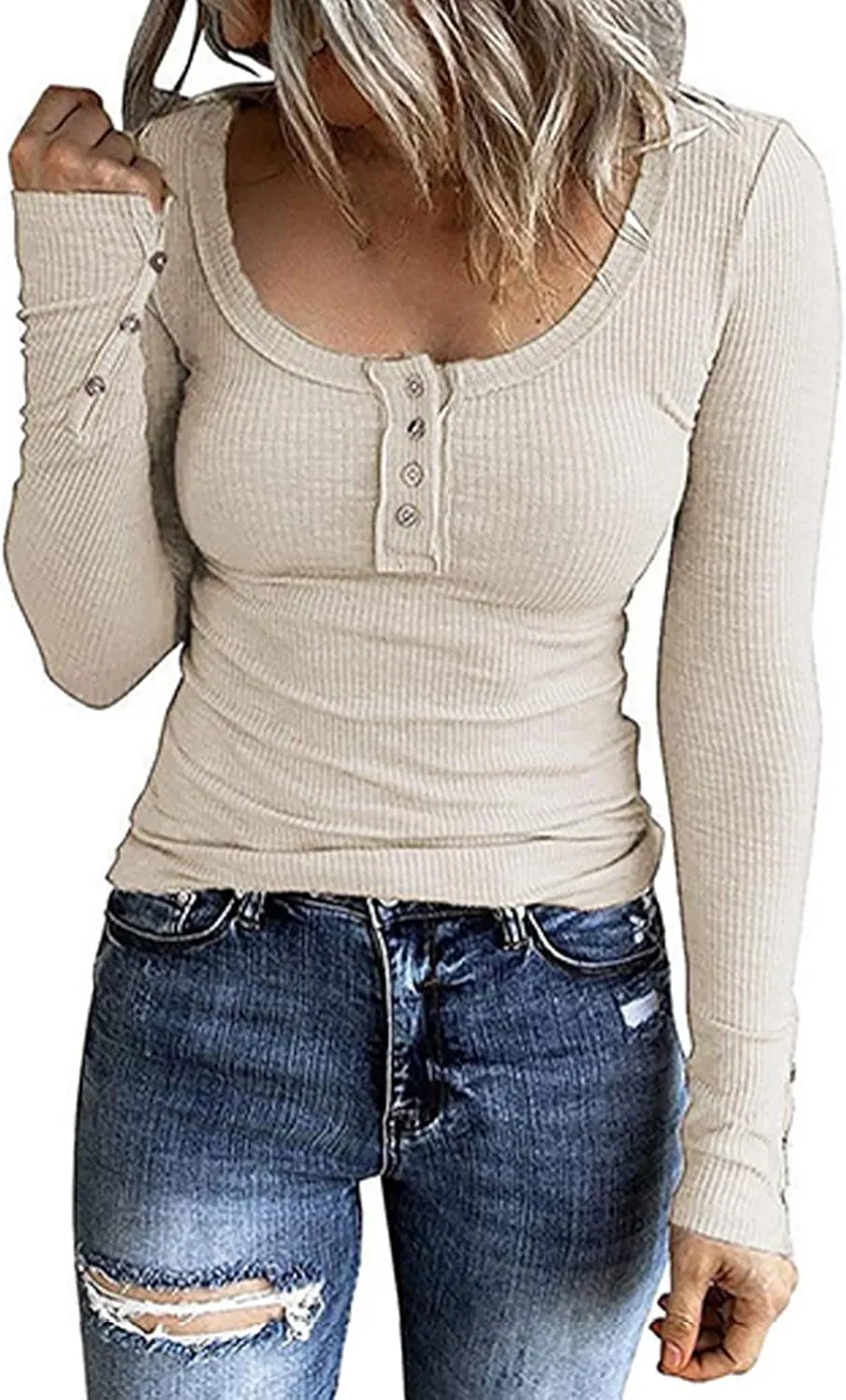 Womens Henley Shirts Long Sleeve Button Down Tunic Tops Scoop Neck Ribbed Knit Slim Fitted Casual Dressy Blouses Cute Tee