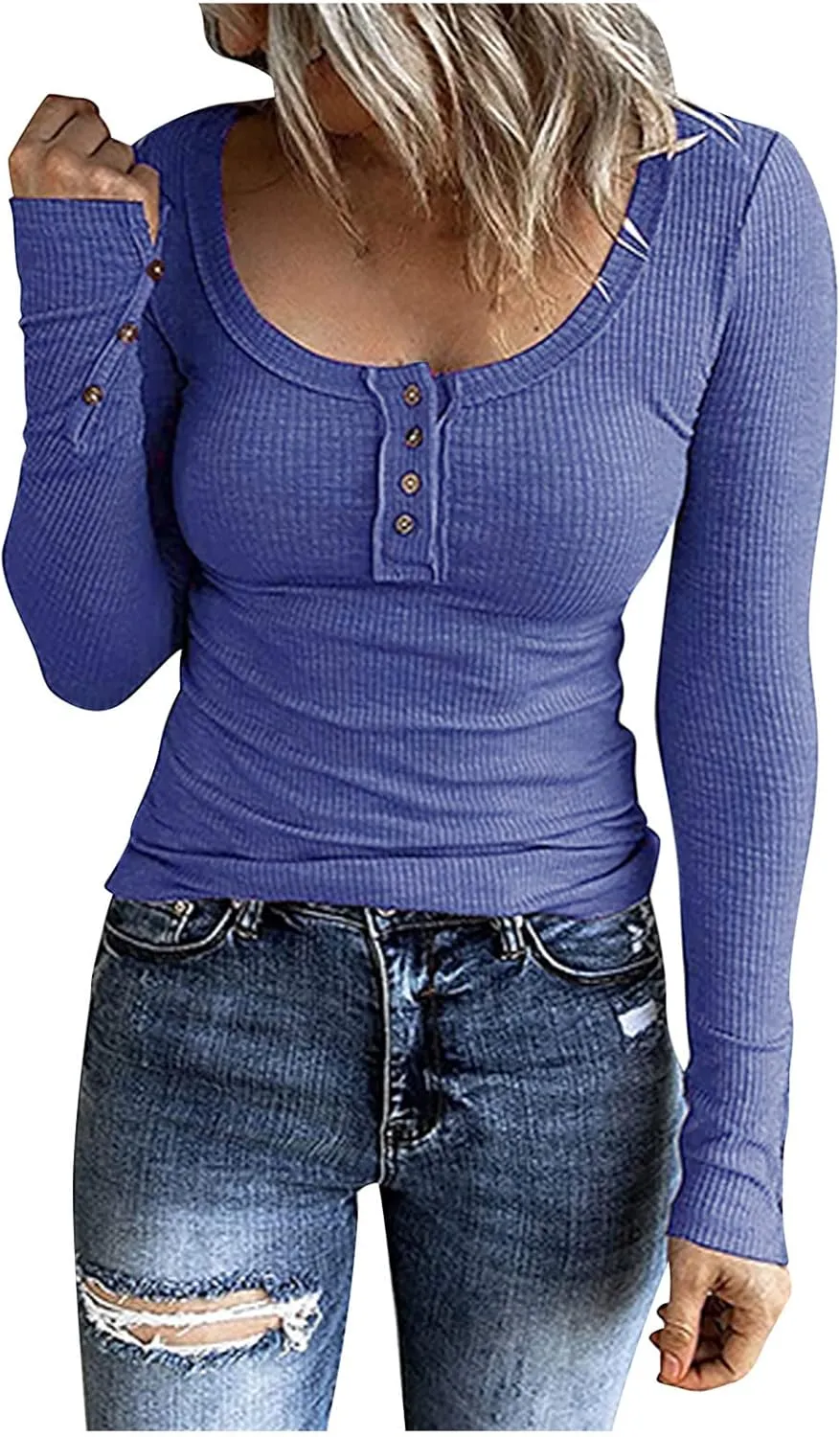 Womens Henley Shirts Long Sleeve Button Down Tunic Tops Scoop Neck Ribbed Knit Slim Fitted Casual Dressy Blouses Cute Tee