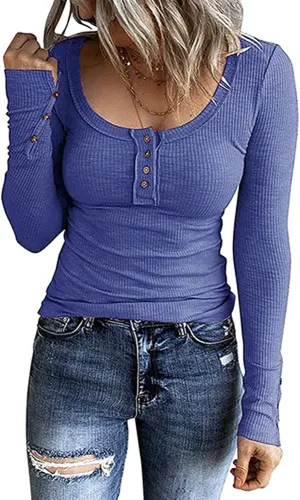 Womens Henley Shirts Long Sleeve Button Down Tunic Tops Scoop Neck Ribbed Knit Slim Fitted Casual Dressy Blouses Cute Tee