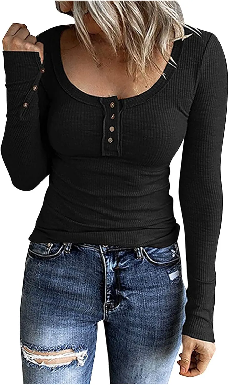 Womens Henley Shirts Long Sleeve Button Down Tunic Tops Scoop Neck Ribbed Knit Slim Fitted Casual Dressy Blouses Cute Tee