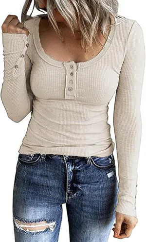Womens Henley Shirts Long Sleeve Button Down Tunic Tops Scoop Neck Ribbed Knit Slim Fitted Casual Dressy Blouses Cute Tee