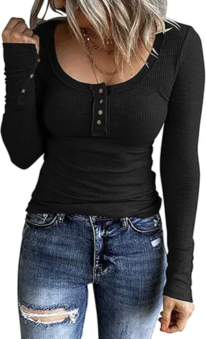 Womens Henley Shirts Long Sleeve Button Down Tunic Tops Scoop Neck Ribbed Knit Slim Fitted Casual Dressy Blouses Cute Tee
