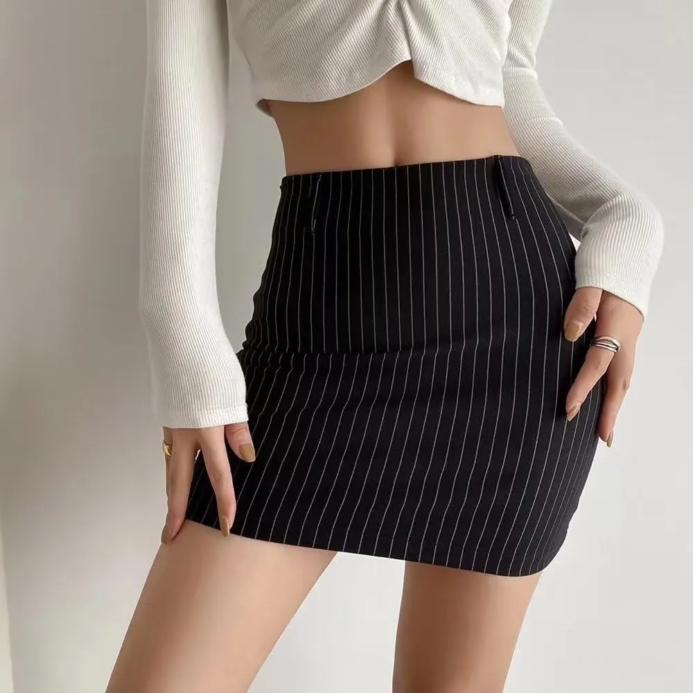 Women's High Waist Striped Zipper Side Bodycon Short Mini Skirt