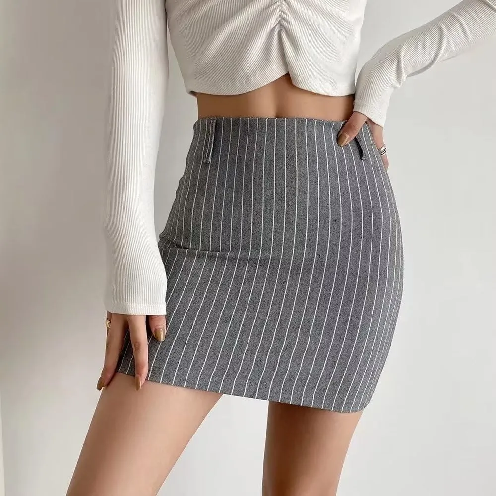 Women's High Waist Striped Zipper Side Bodycon Short Mini Skirt
