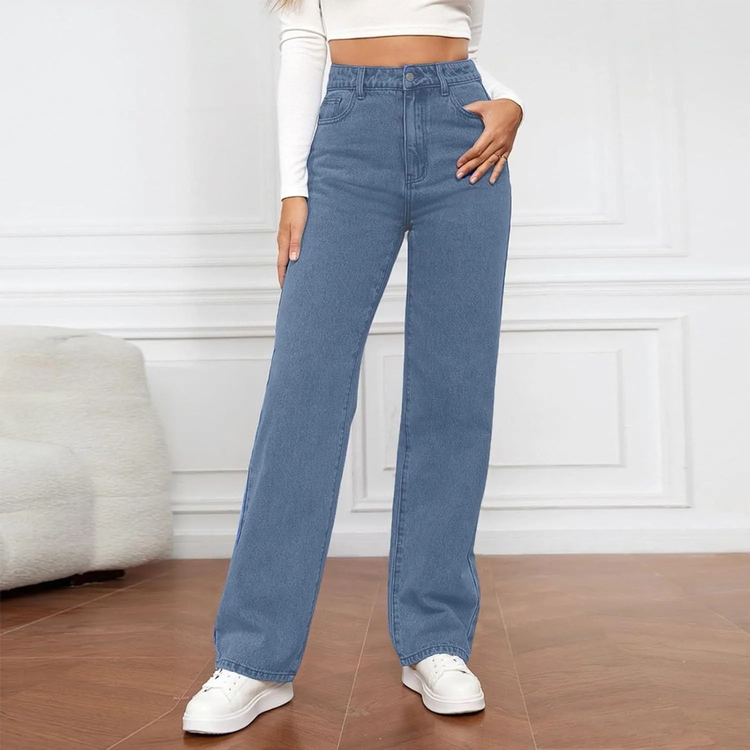 Women's High Waisted Washed Versatile Straight Dressy Casual Loose Fit Jeans