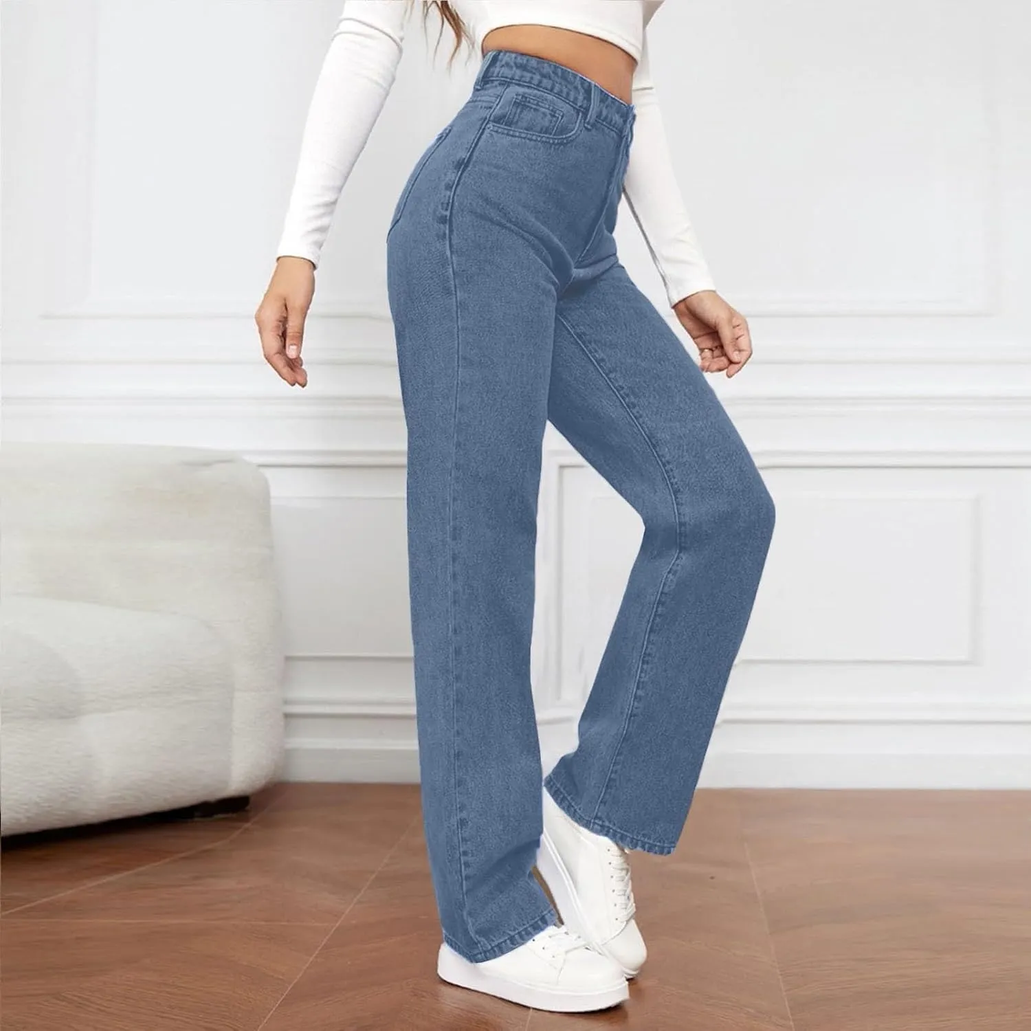 Women's High Waisted Washed Versatile Straight Dressy Casual Loose Fit Jeans