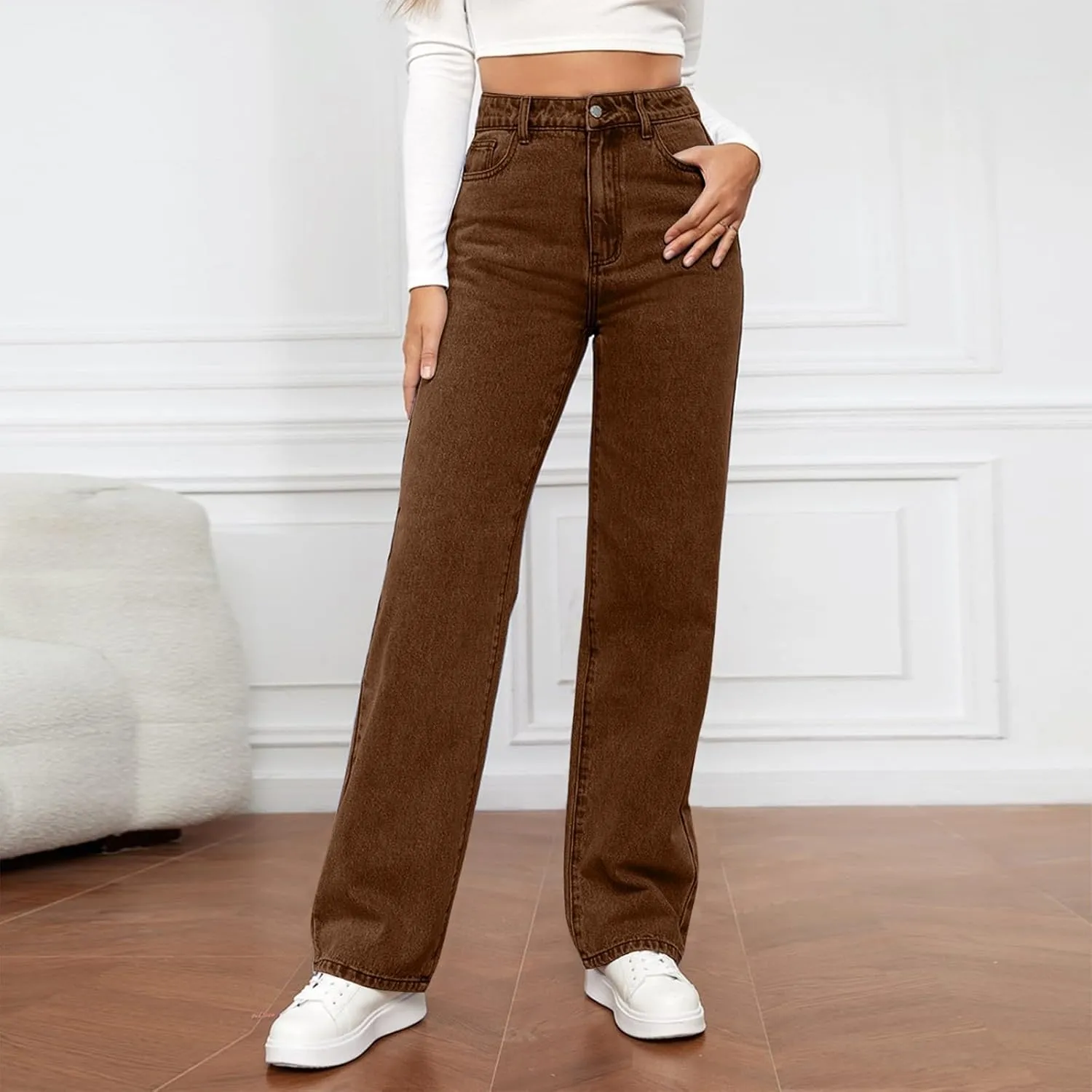 Women's High Waisted Washed Versatile Straight Dressy Casual Loose Fit Jeans