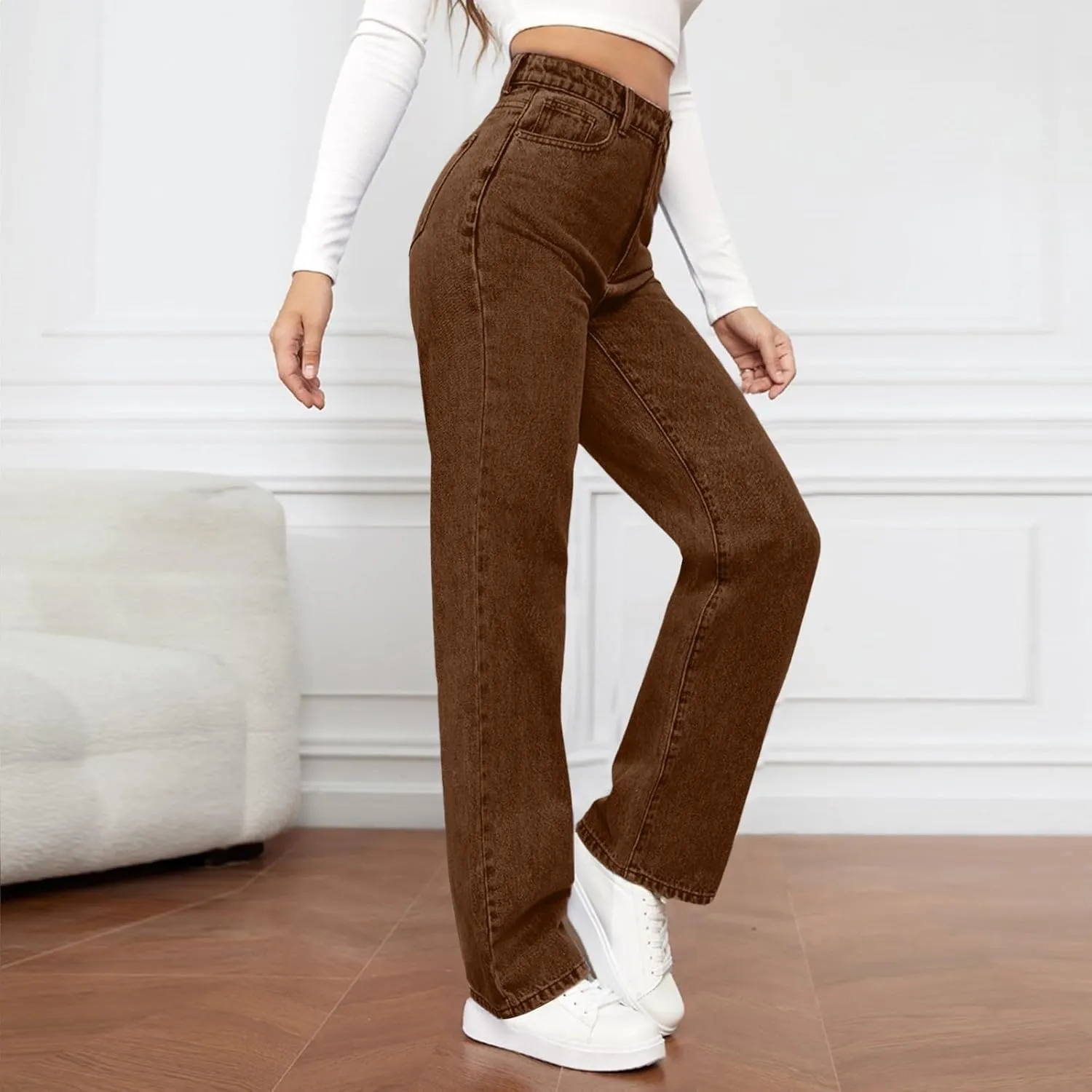 Women's High Waisted Washed Versatile Straight Dressy Casual Loose Fit Jeans