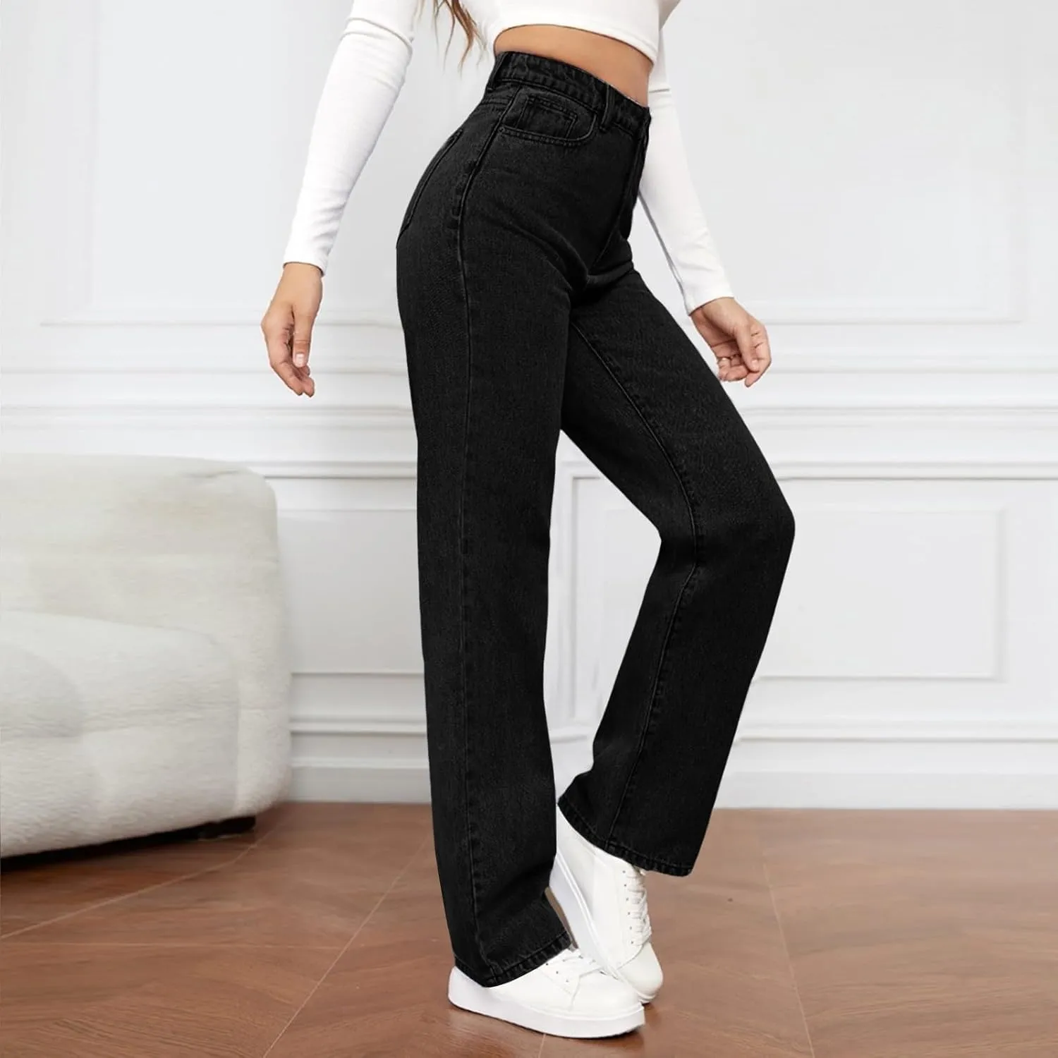 Women's High Waisted Washed Versatile Straight Dressy Casual Loose Fit Jeans