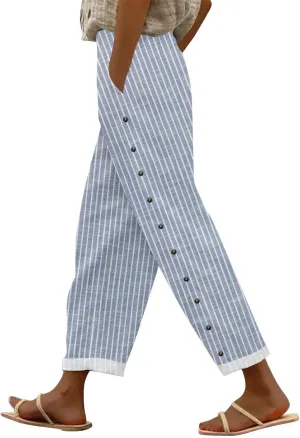 Womens Linen Pants with Pocket Trousers Side Cropped Pants Loose Casual Printed Comfy Loose Summer Beach