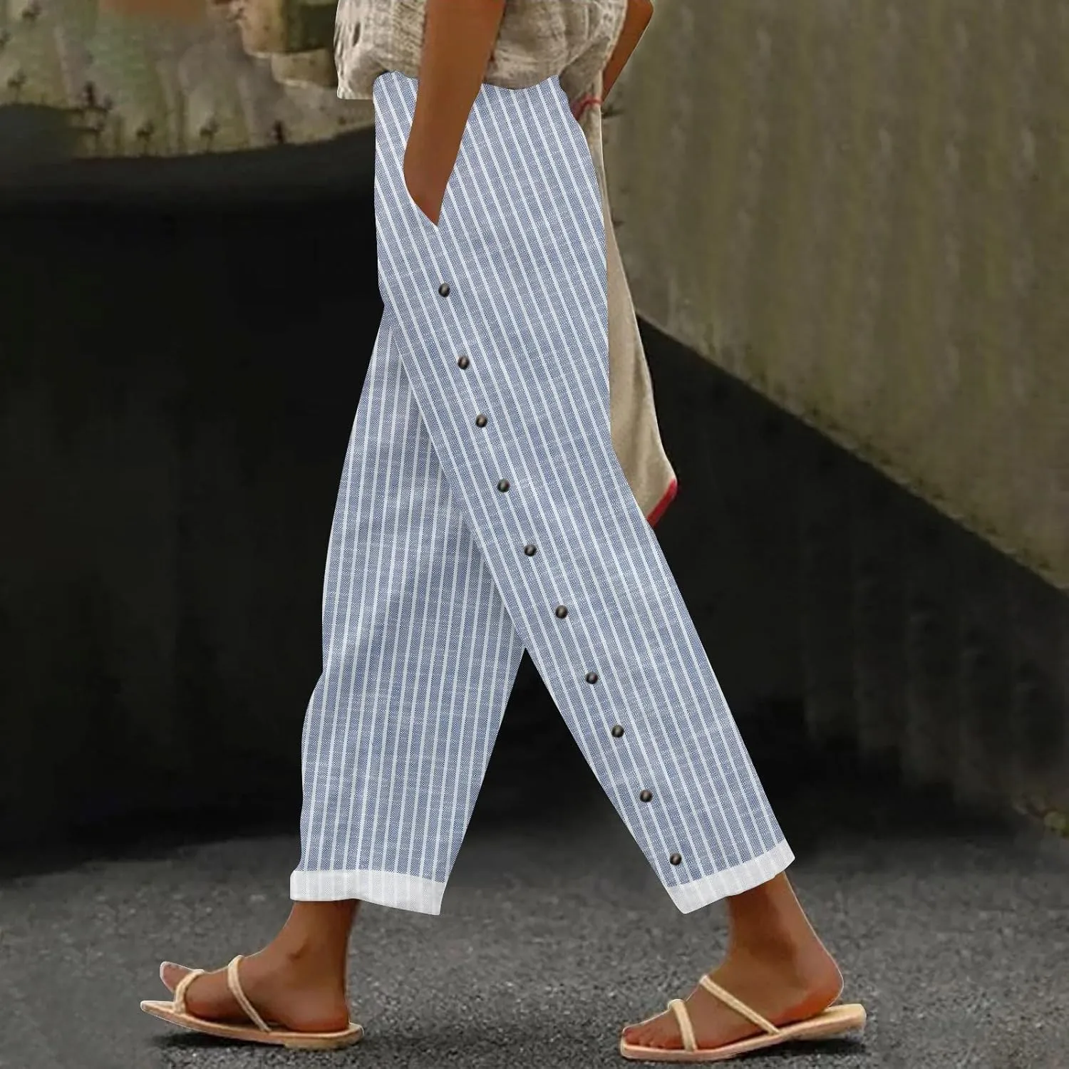 Womens Linen Pants with Pocket Trousers Side Cropped Pants Loose Casual Printed Comfy Loose Summer Beach