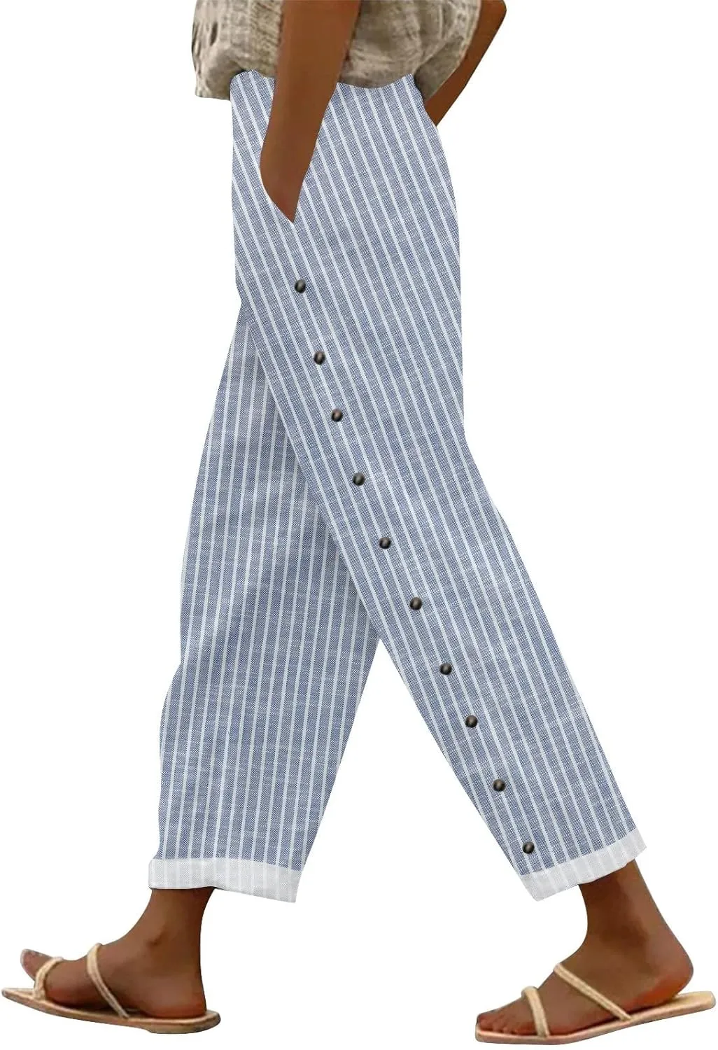 Womens Linen Pants with Pocket Trousers Side Cropped Pants Loose Casual Printed Comfy Loose Summer Beach