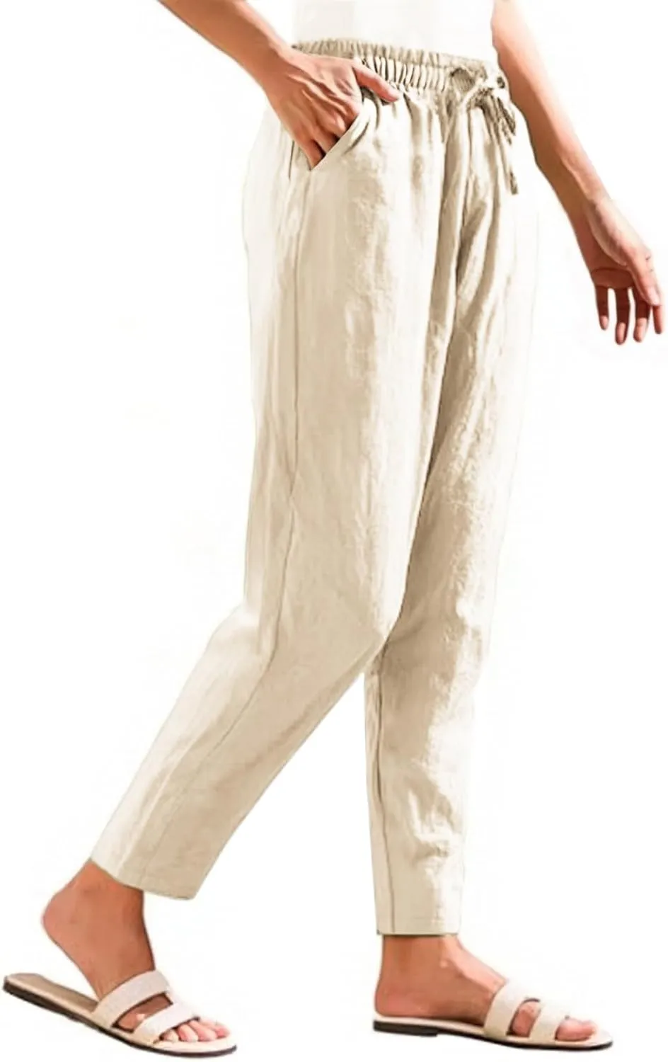 Women's Pants, Breathable Linen Casual Pants Straight Leg Peasant Trendy Cotton Drawstring