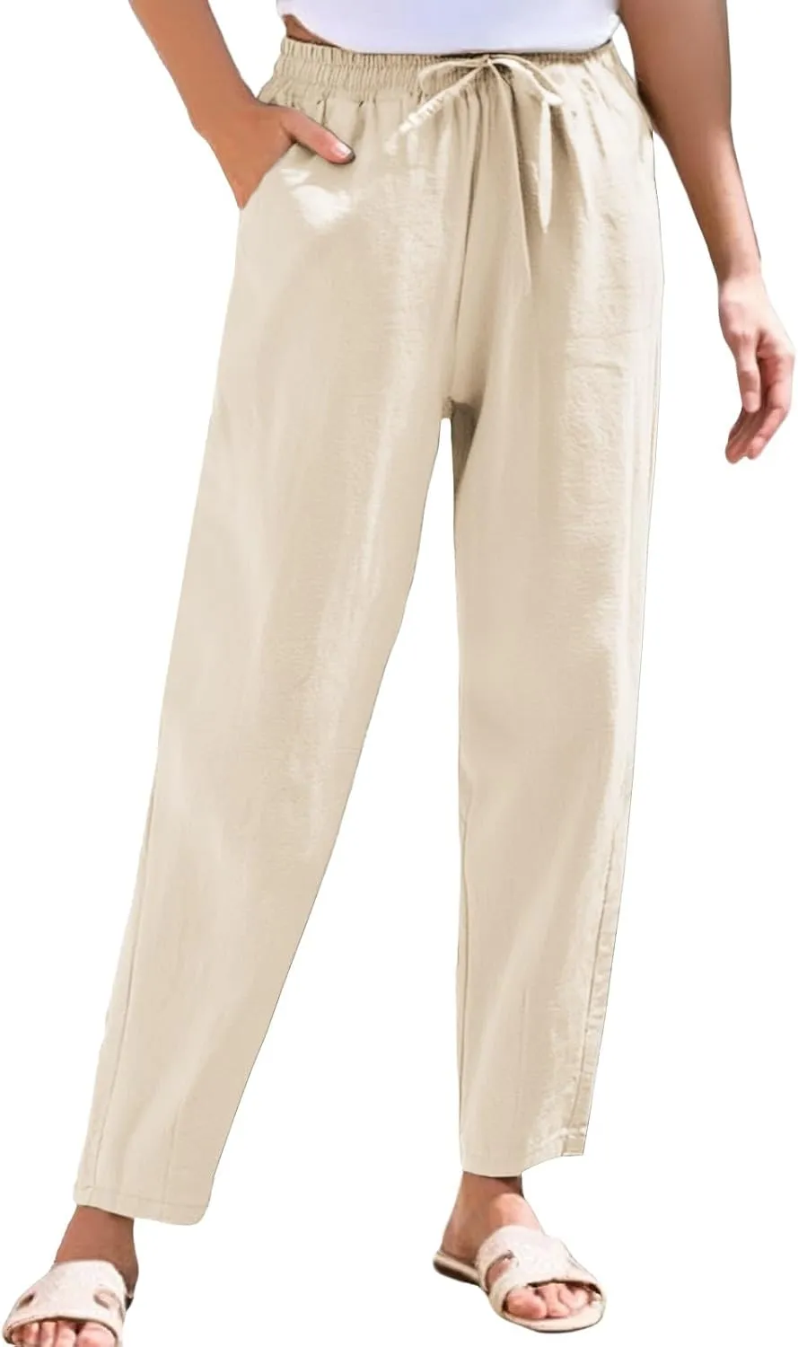 Women's Pants, Breathable Linen Casual Pants Straight Leg Peasant Trendy Cotton Drawstring