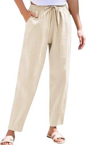 Women's Pants, Breathable Linen Casual Pants Straight Leg Peasant Trendy Cotton Drawstring