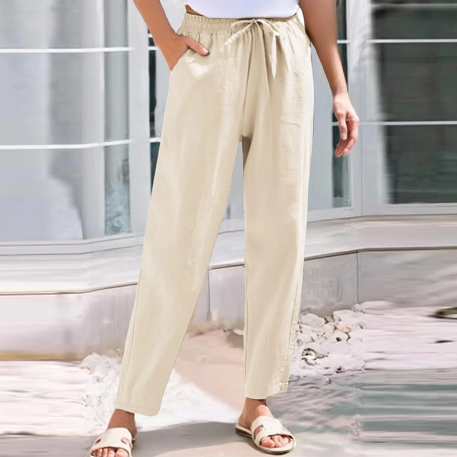 Women's Pants, Breathable Linen Casual Pants Straight Leg Peasant Trendy Cotton Drawstring