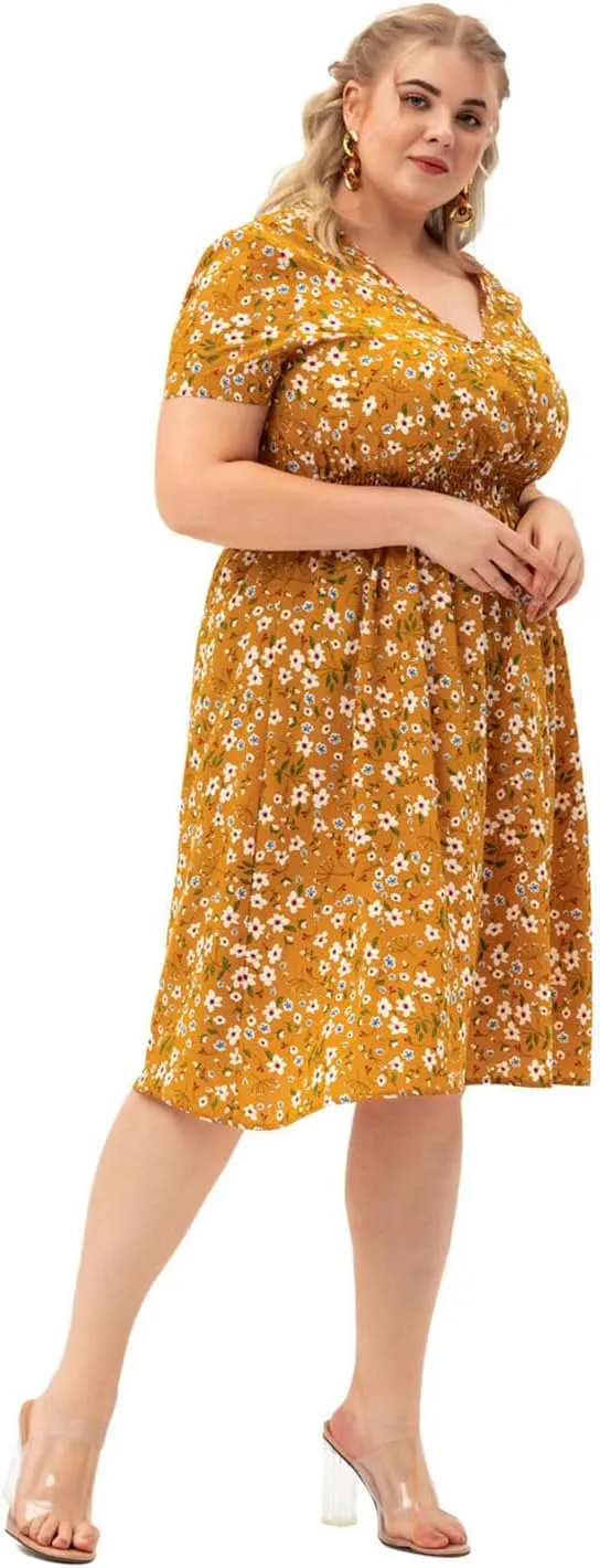 Womens Plus Size Casual V Neck Floral Midi Dress Loose Swing Short Sleeves Summer Dresses